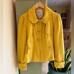 Anthropologie Tulle Wool Blend Crop Peacoat Jacket Mustard Yellow Size Medium